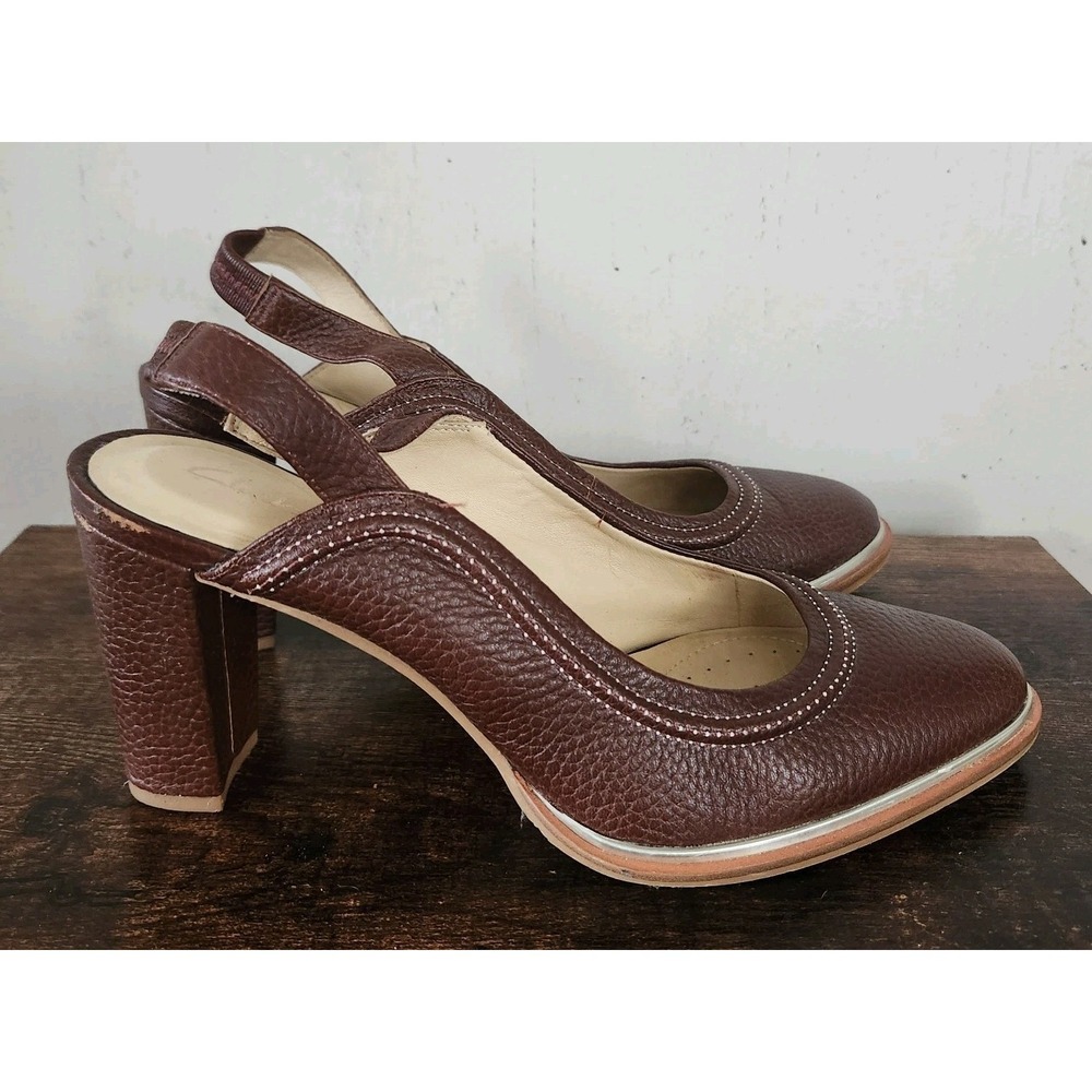 Clarks Womens Size 9.5 Ellis Ivy Open Back Shoe Tan Leather Block Heels